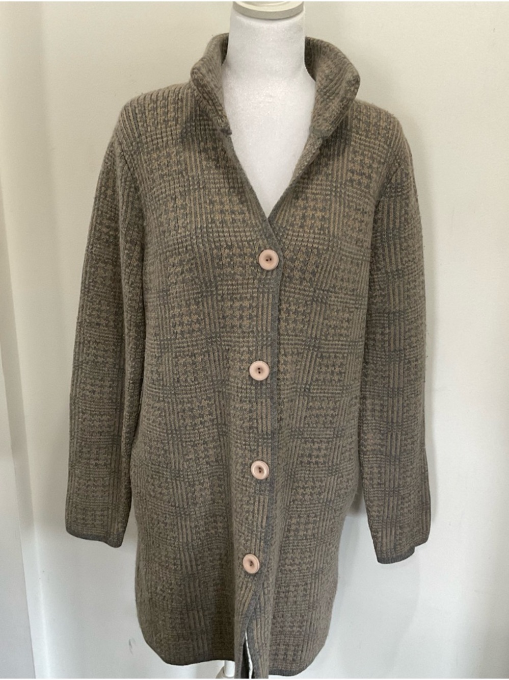 Gio & Gio Cozy Long Button Cardigan in Taupe Plaid, made in Italy sz Med